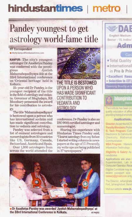 Hindustan Times : Pandey youngest to get Astrology World-Fame title of Jyotish Mahamahopadhyay